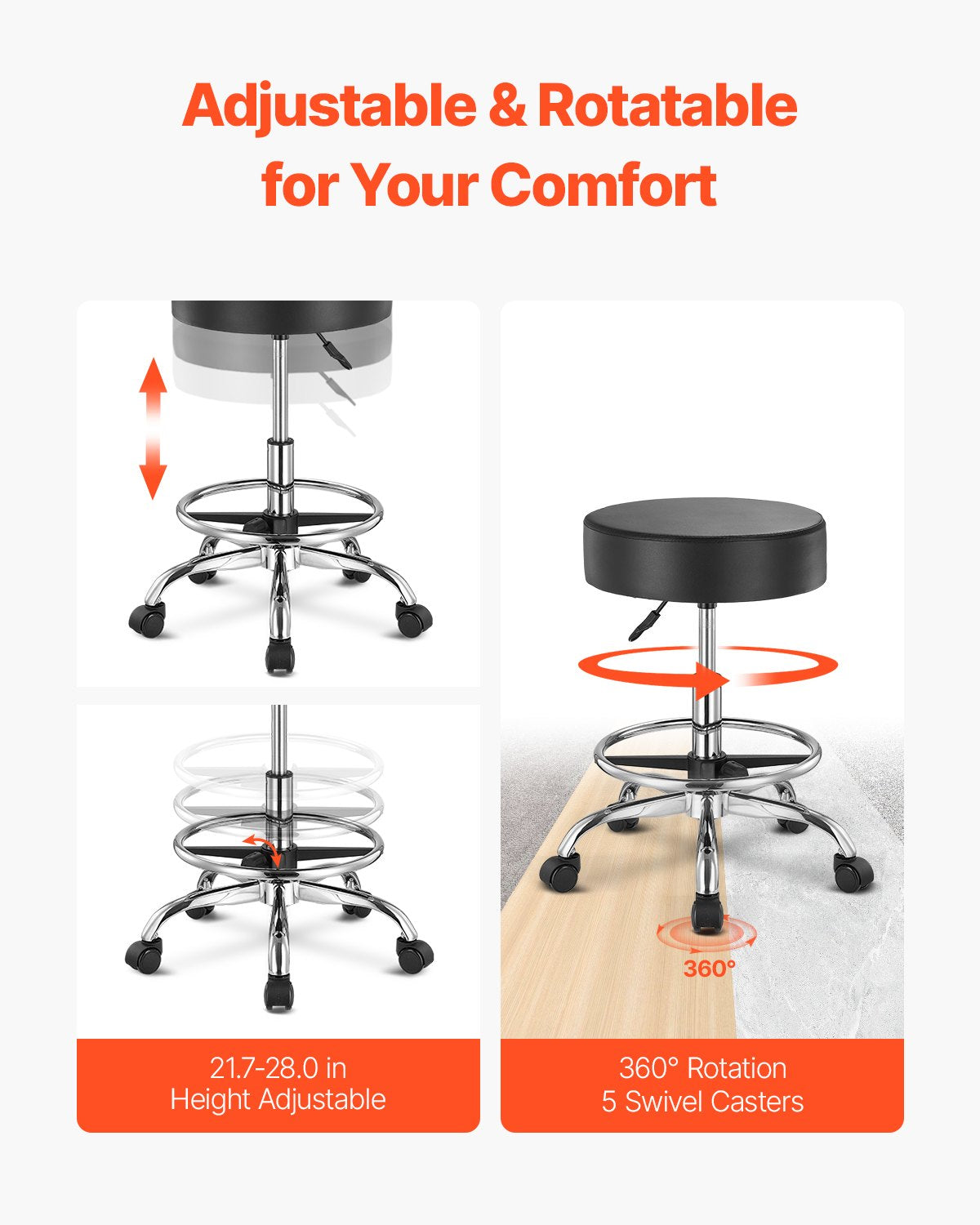 Rolling Stool With Foot Rest And Wheels, 450 LBS Weight Capacity Round Rolling Stool Chair, Height Adjustable Thickened PU Leather Swivel Stool For Salon, Spa, Massage, Tattoo, Clinic, Black