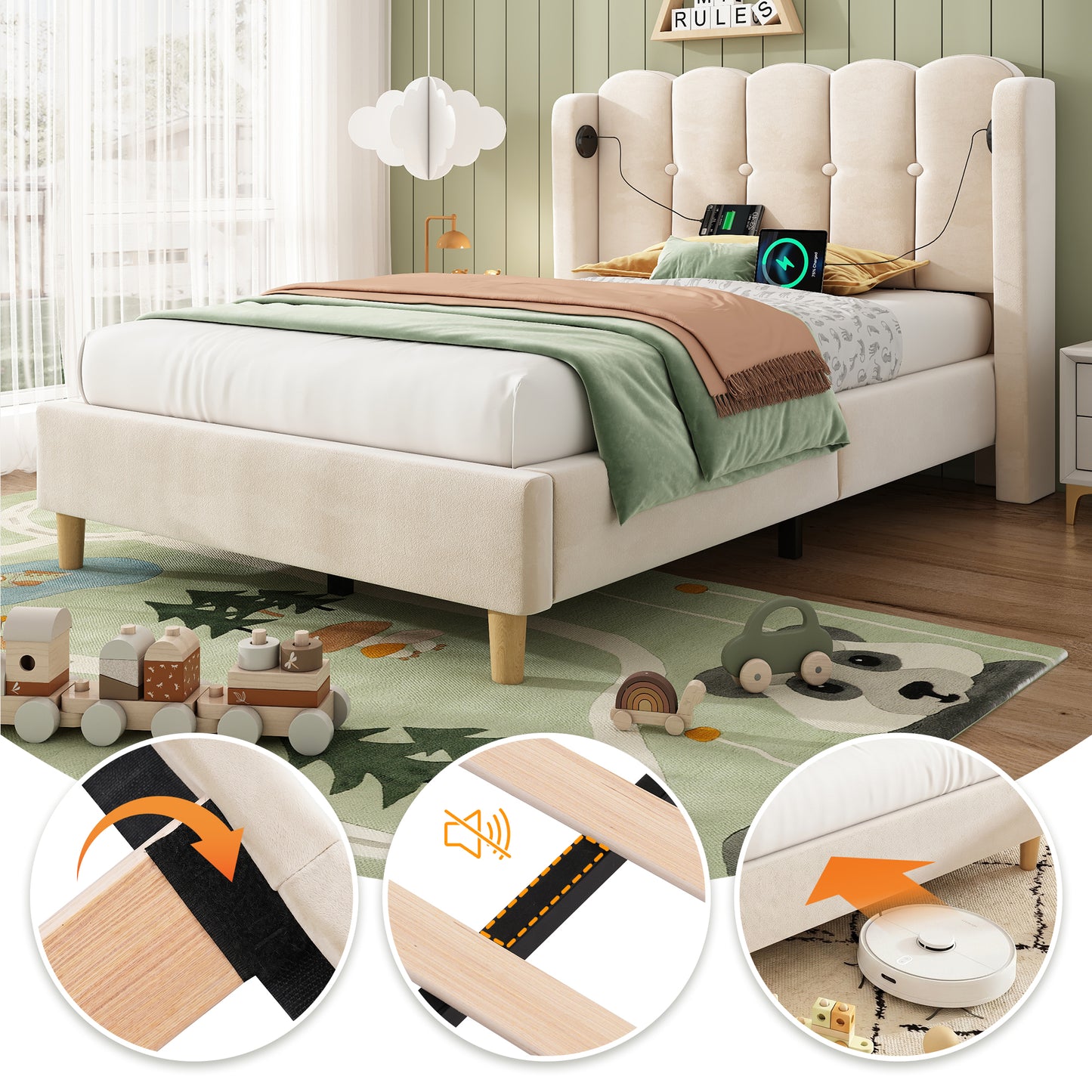 Upholstered Single Bed With USB And Type-C Charging, 3FT Bed Frame With Wooden Slatted Frame, Teenager Bed For Bedroom & Guest Room, 90 X 190 Cm, Beige, Velvet   No Mattress