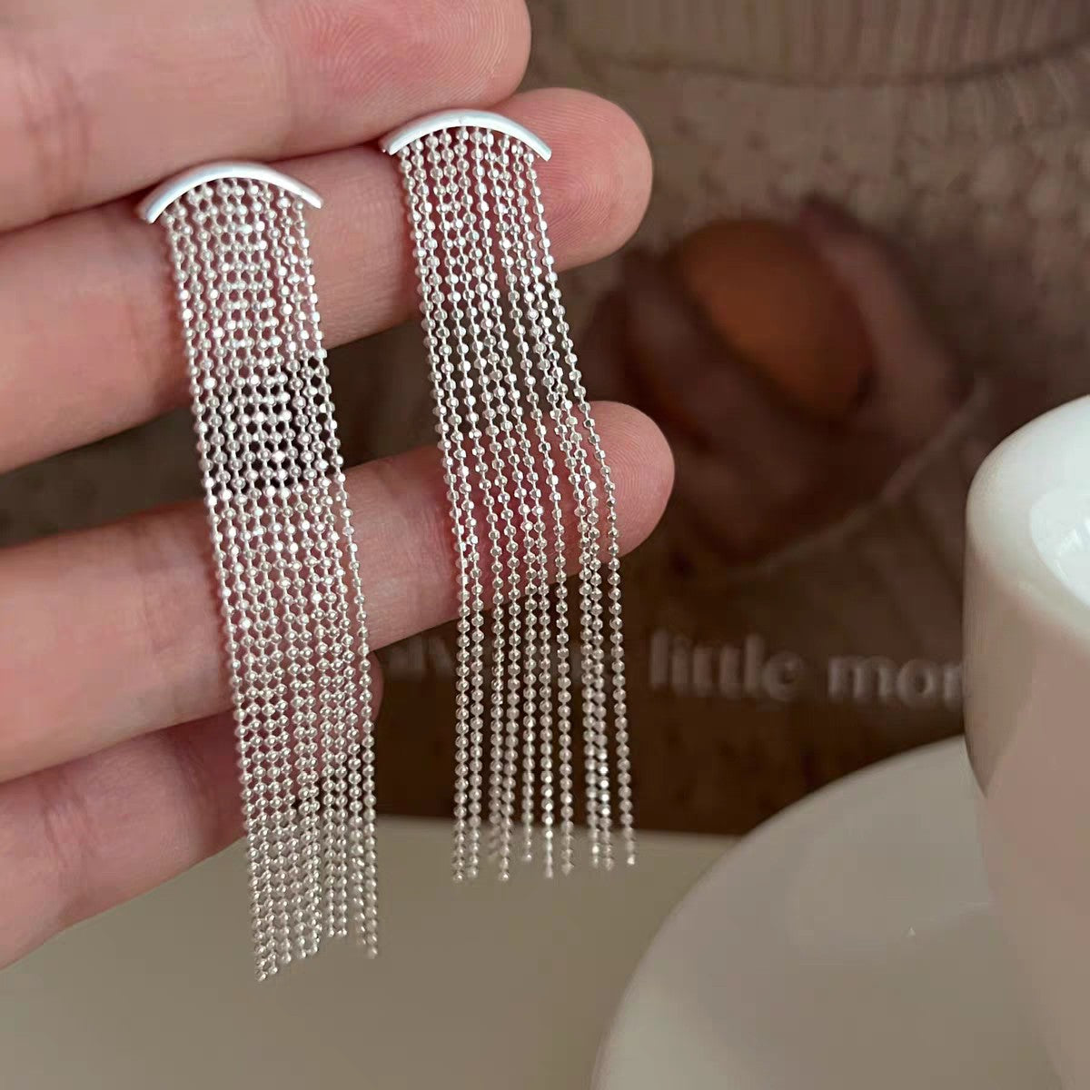 1 Pair 999 Sterling Silver Curved Beaded Long Tassel Earrings, Minimalist & Elegant, Perfect For Daily, Party & Dating, Ideal Valentine's Gift