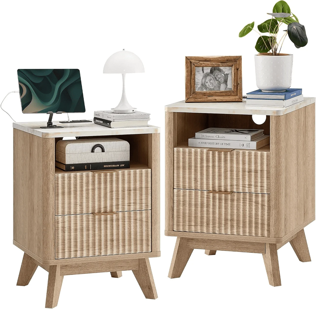 A Carved Bedside Cabinet With Charging Port, A Double-drawer Open Shelf Bedside Cabinet With Marble Countertop