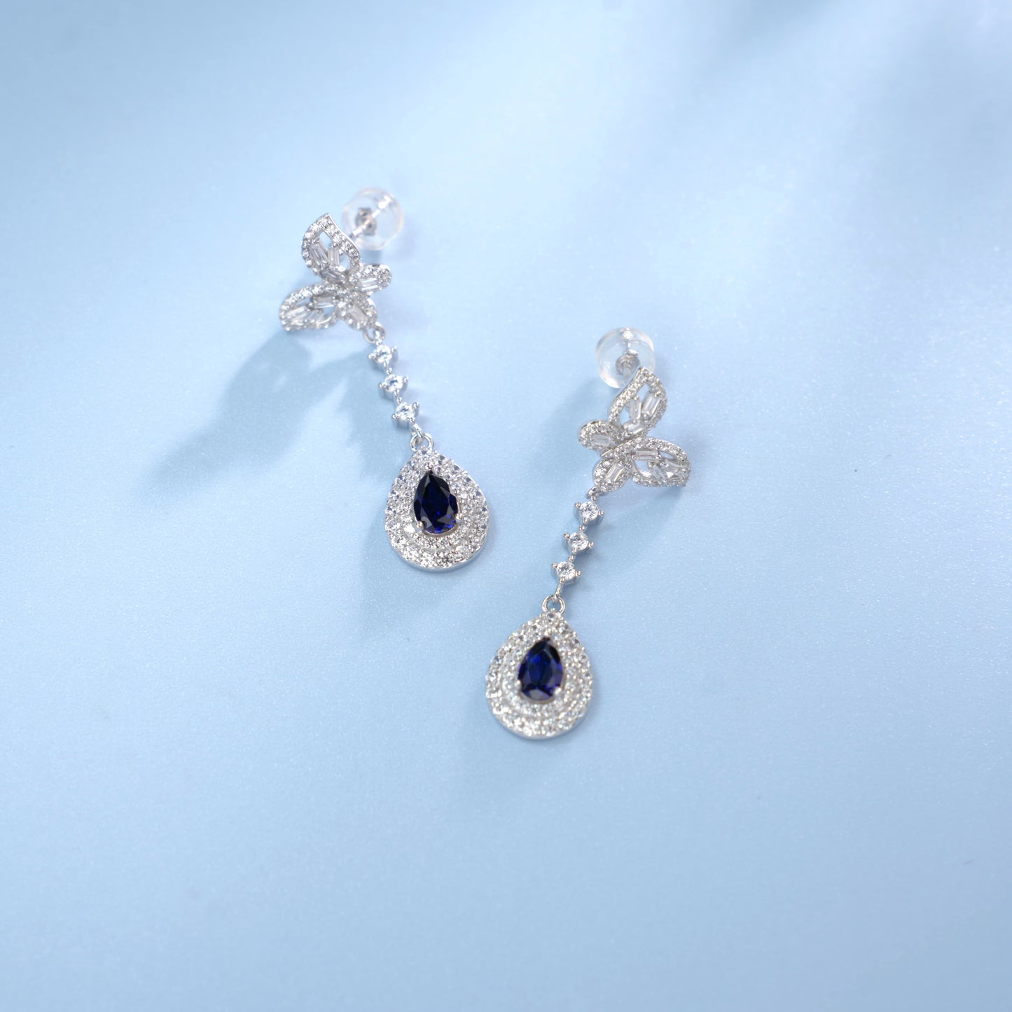 S925 Sterling Silver Bowknot Dangle Earrings, 6x4mm Pear Lab-Grown Ruby Sapphire Emerald, Platinum Plated 4.5g Women's Jewelry Gift Box