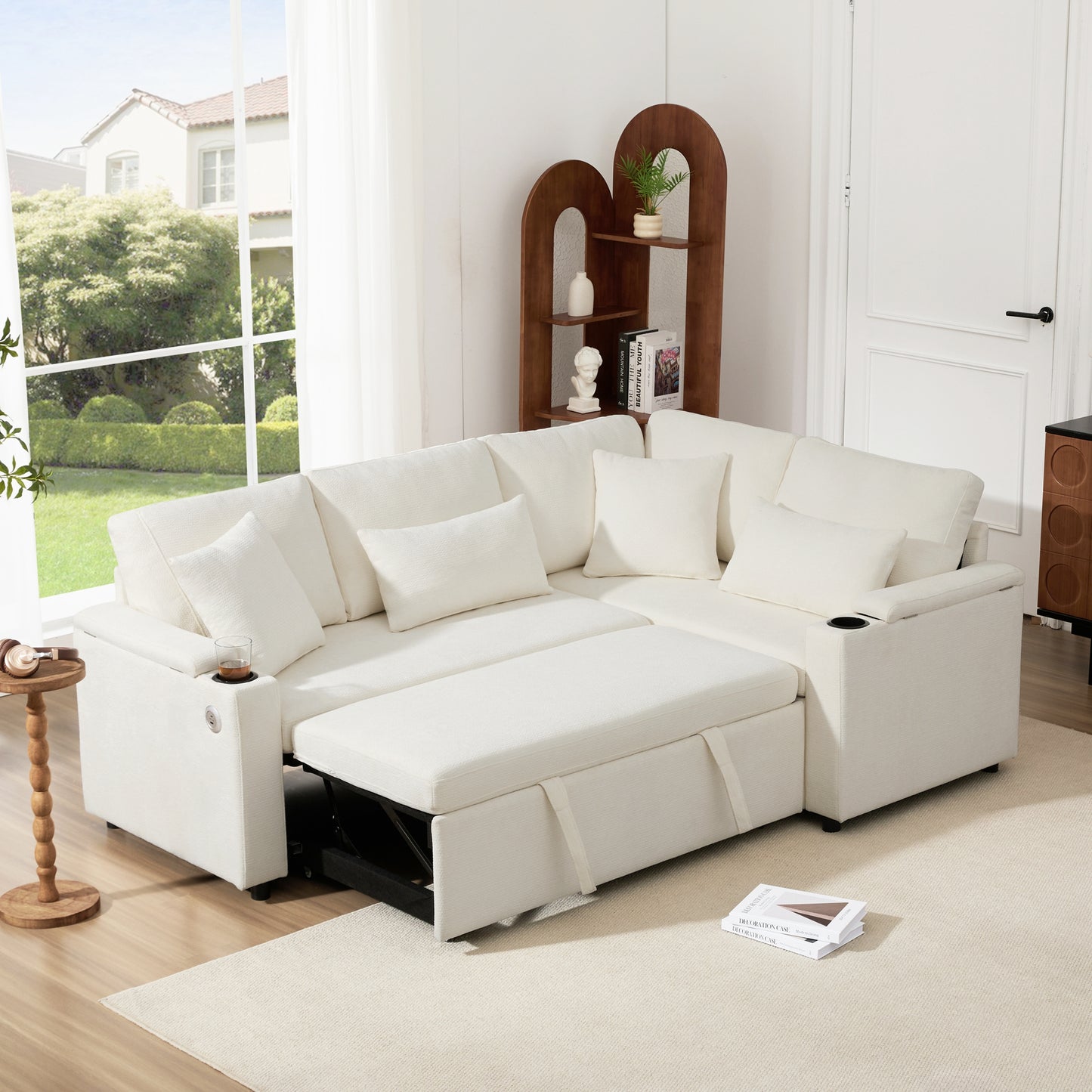 L-shaped Pull-out Corner Sofa, Canape Convertible With Storage, Cup Holder, USB Charging Port, Armrest Rest And Four Cushions. Suitable For Living Room, Guest Room, Home Theaters And Living, Beige