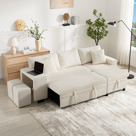 L Shaped Multi Functional Convertible Corner Sofa Bed With Pull Out Design, 2 Pillows & 2 Ottomans, USB & Type C Ports, Storage Chaise With Shelf, Ideal For Living Room Bedroom Office, Beige