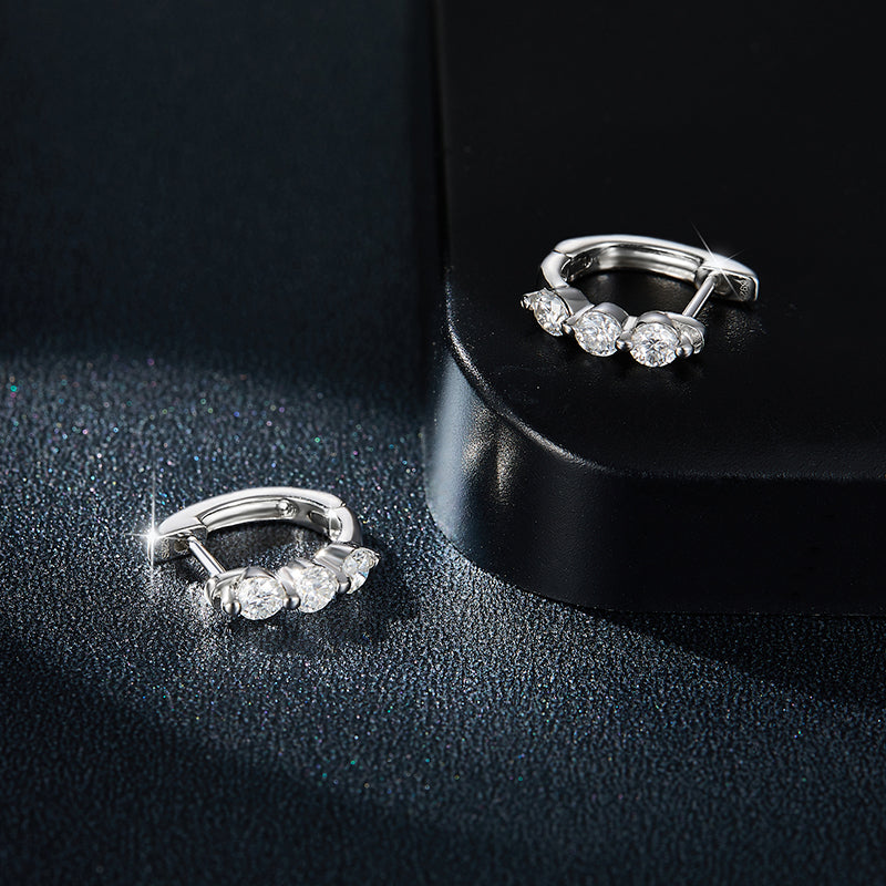 S925 Sterling Silver 3-Stone Moissanite Hoop Earrings For Women  Round Cut Huggie Hoop With GRA Certificate Platinum Plated Jewelry Gift Box Set