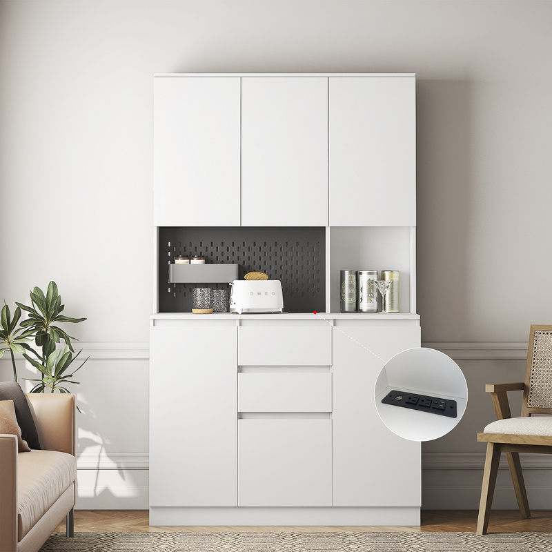 Tatub 74in Pantry Cabinet W Power Outlet, Kitchen Hutch W Storage & Microwave Shelf, White Kitchen Pantry Storage Cabinet W LED Light Strip