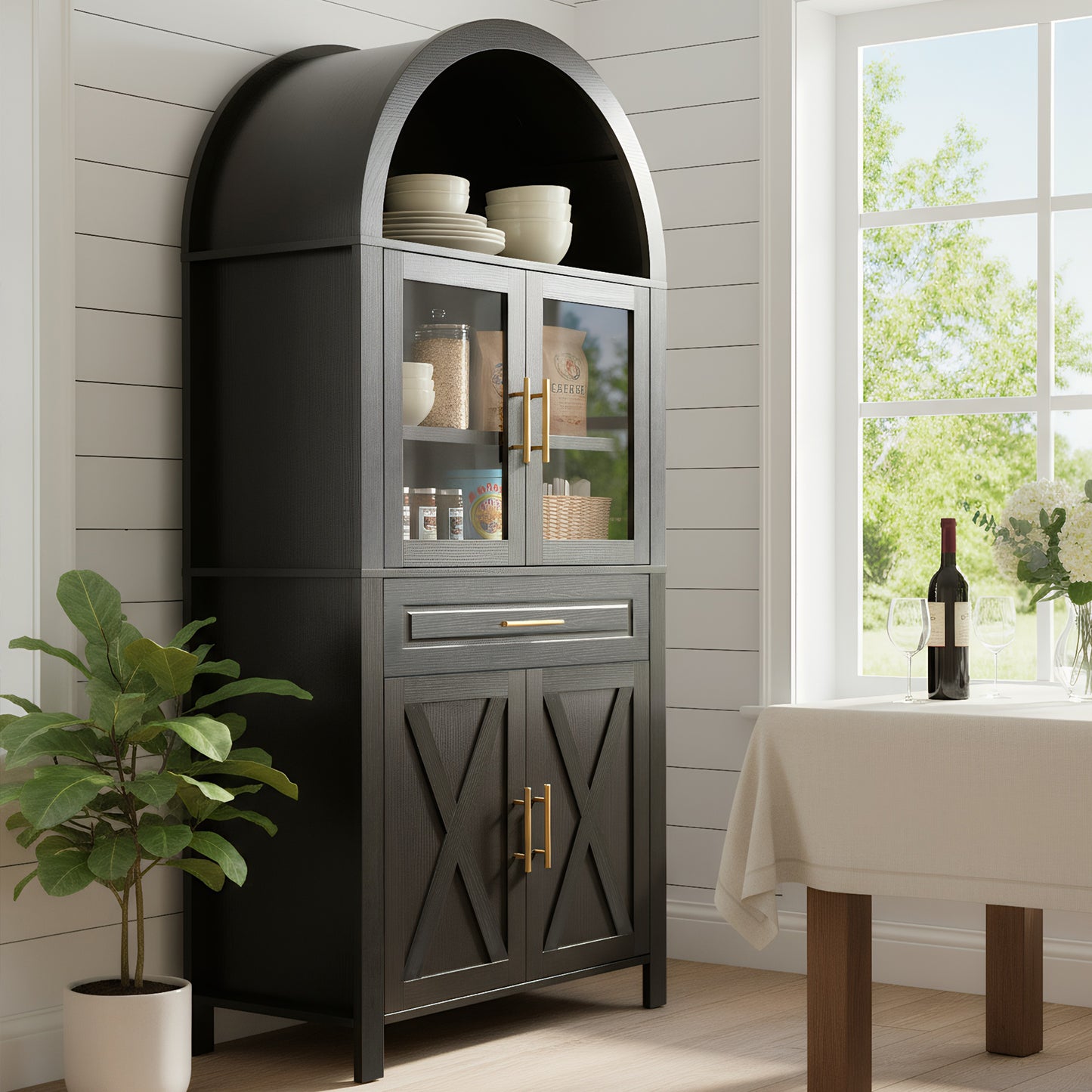 71  Tall Arched Kitchen Pantry Cabinet With Glass Door, Farmhouse Storage Pantry Cabinet With Adjustable Shelves & Barn Door Design For Kitchen, Living & Dining Room, Black