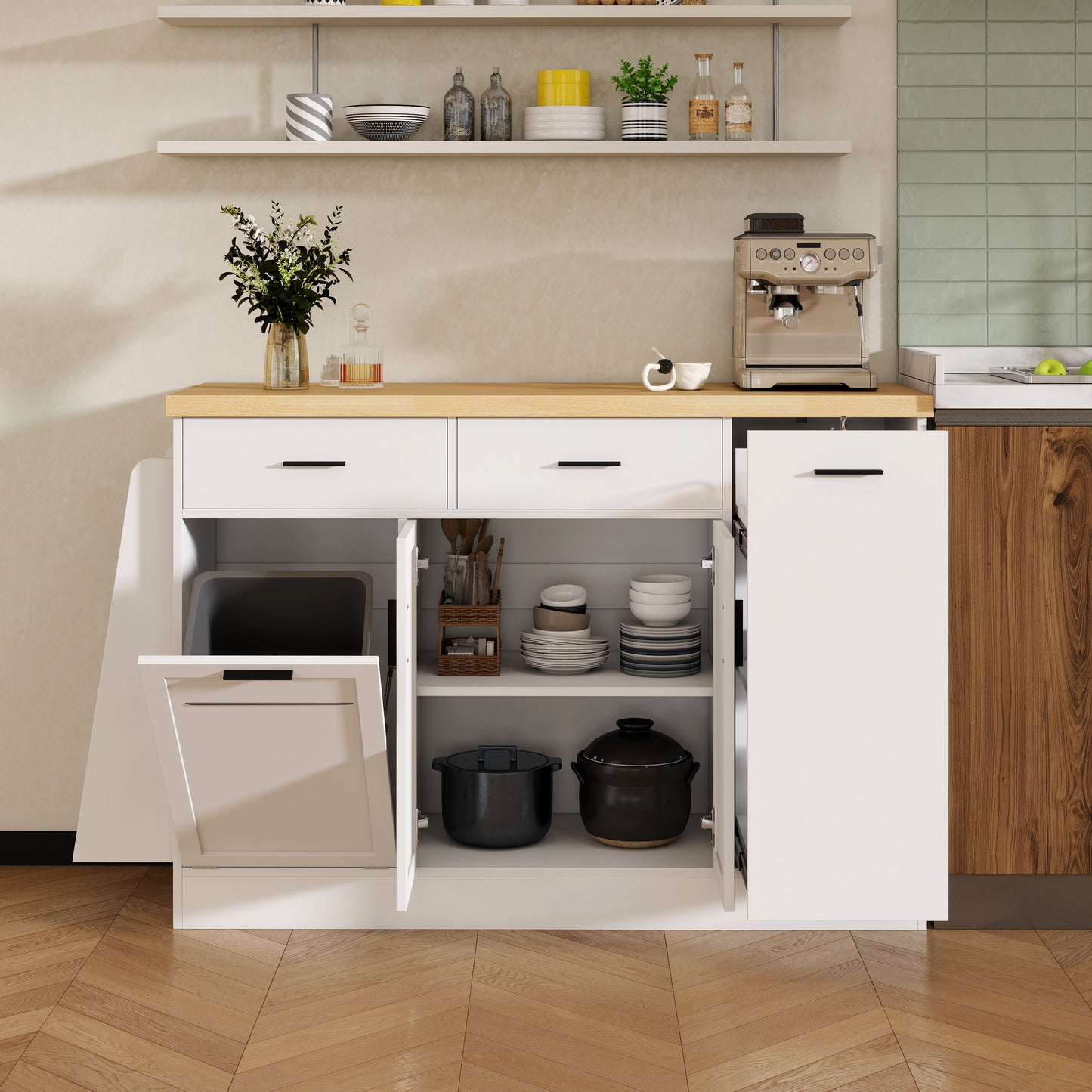 TREXM Multi-Functional Storage Sideboard  Trash Can Storage  Sliding Door Cabinet & 3-Tier Spice Rack Kitchen Island Table For Kitchen  Dining Room  White