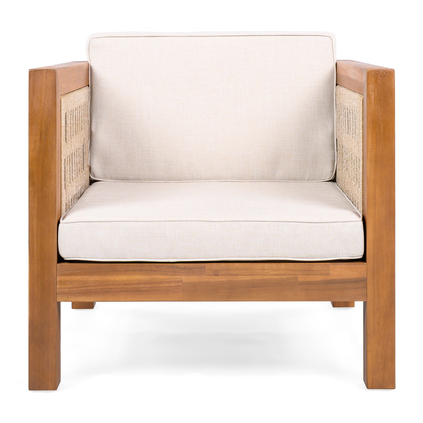 Outdoor Club Chair Set Of 2, Acacia Wood Frame With Beige Rope Arm And Beige Cushions,400 Lbs Capacity