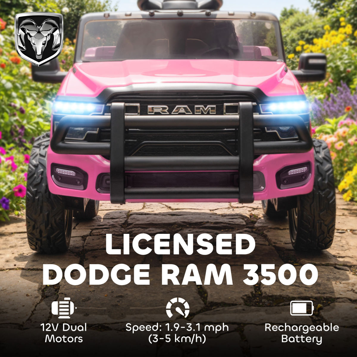 12V Kids Ride On Car, Licensed Dodge RAM 3500 Ride On Toys With Dual Motors, Remote Control For Toddlers, Pink