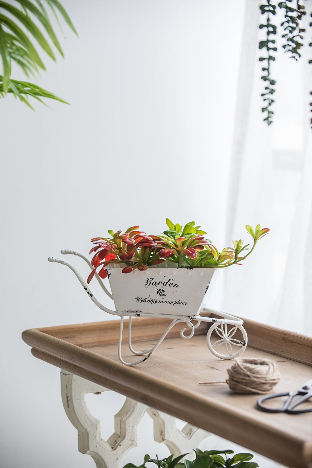 11.5x4x7  White Metal Decorative Disressed Wheelbarrow Planter, Tabletop Decor