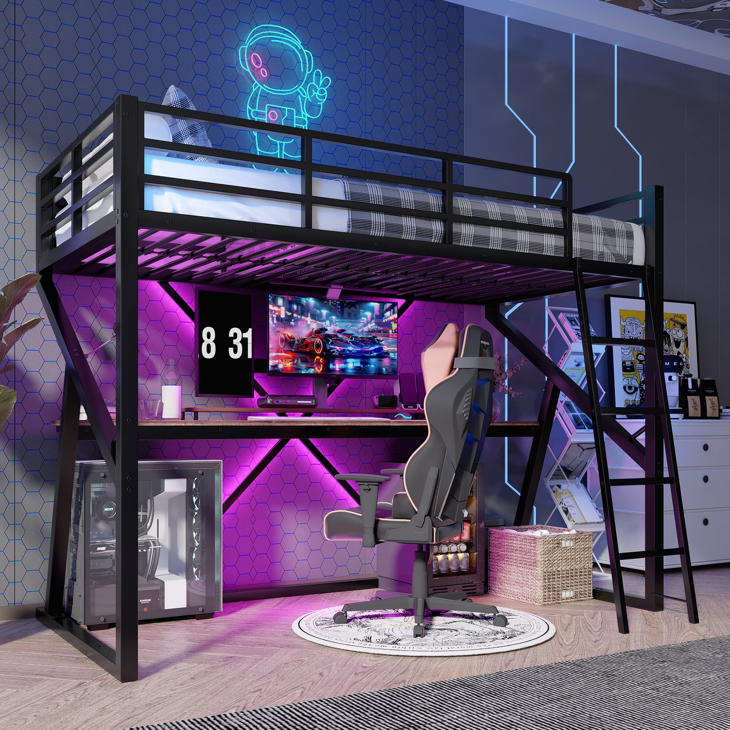 Loft Bed, 90 X 200cm, Iron Frame, LED Strip, Railing, Stairs, Desk, Without Mattress, Black