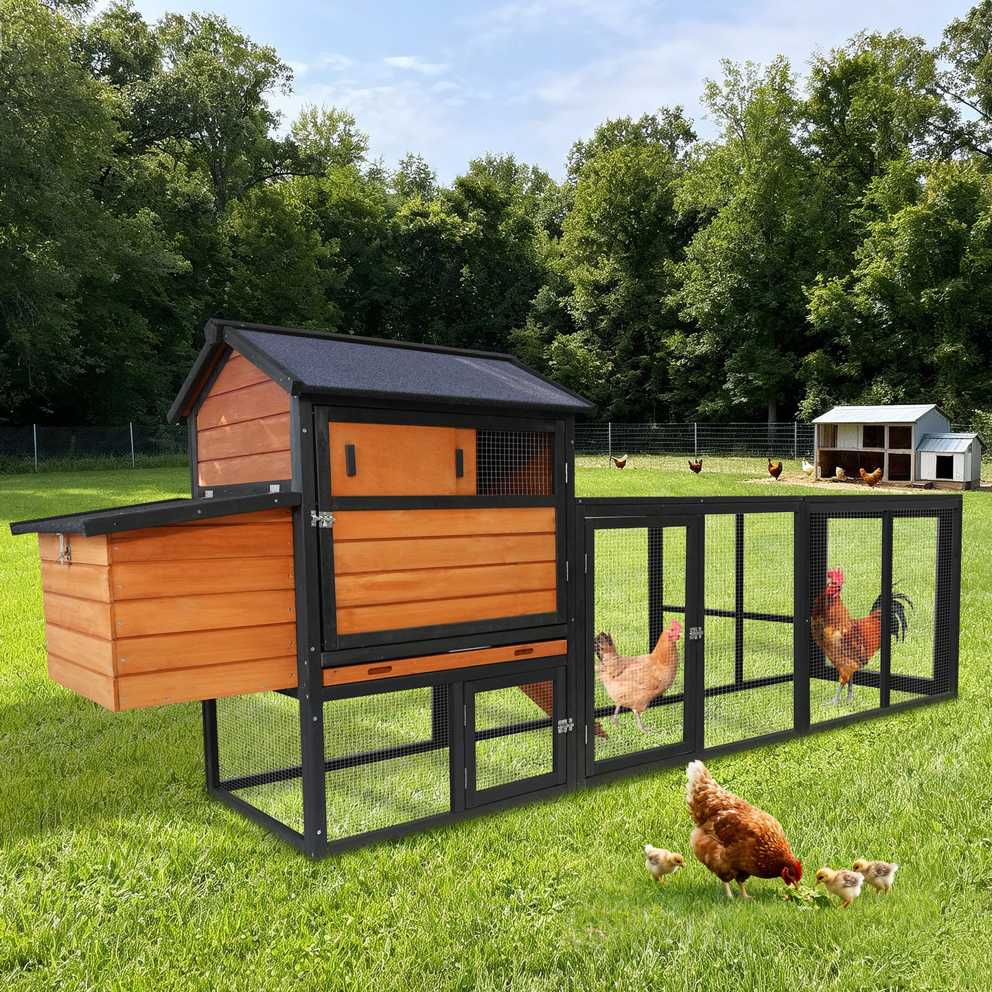 Prohibited Platform-Temu,brown  Black Wooden Chicken Coop, Large Outdoor Hen House With Run And Nesting Box Poultry Cage, Rabbit Hutch, Waterproof Anti-UV Panel For Backyard