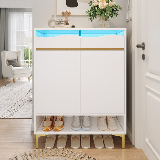 Modern White Shoe Cabinet With LED 16 Colours  Space-saving Hallway Cabinet 80x35x105 Cm With Drawers & Shelves  Storage Space, Design, Lighting For Hallway, Living Room & Entrance Area