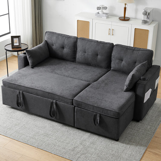 3-in-1 Convertible Sofa Bed With Internal Storage Chaise, L Shaped Sleeper Sofa Couches With Cup Holders, Pillows And Storage Pocket. Pullout Sectional Daybed For Living Room Bedroom Office, Grey