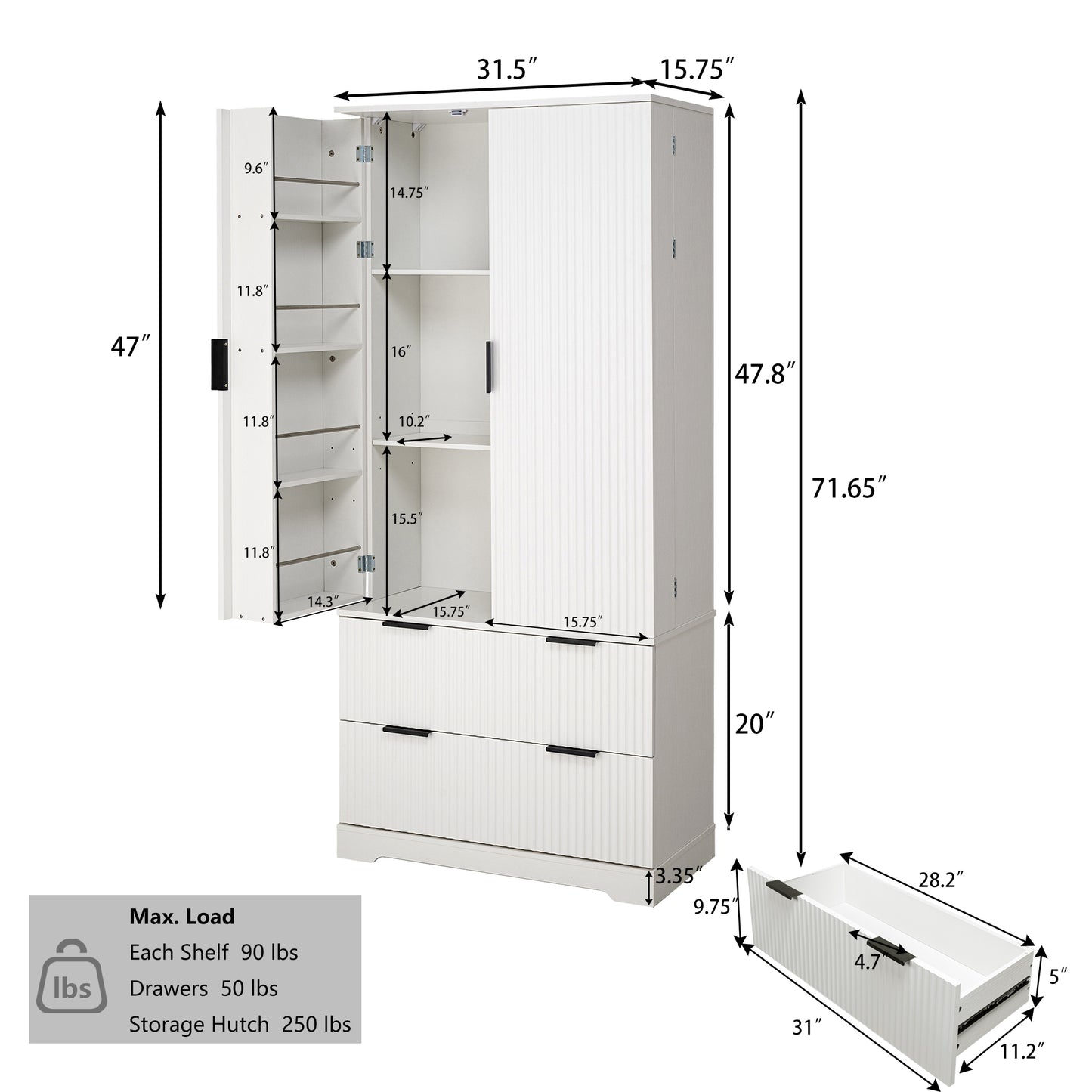 72  Modern Fluted Kitchen Pantry Cabinet With 2 Large Drawers & 8-Door Spice Rack, Freestanding Storage Organizer For Bathroom, Dining Room, Office, Entryway, White