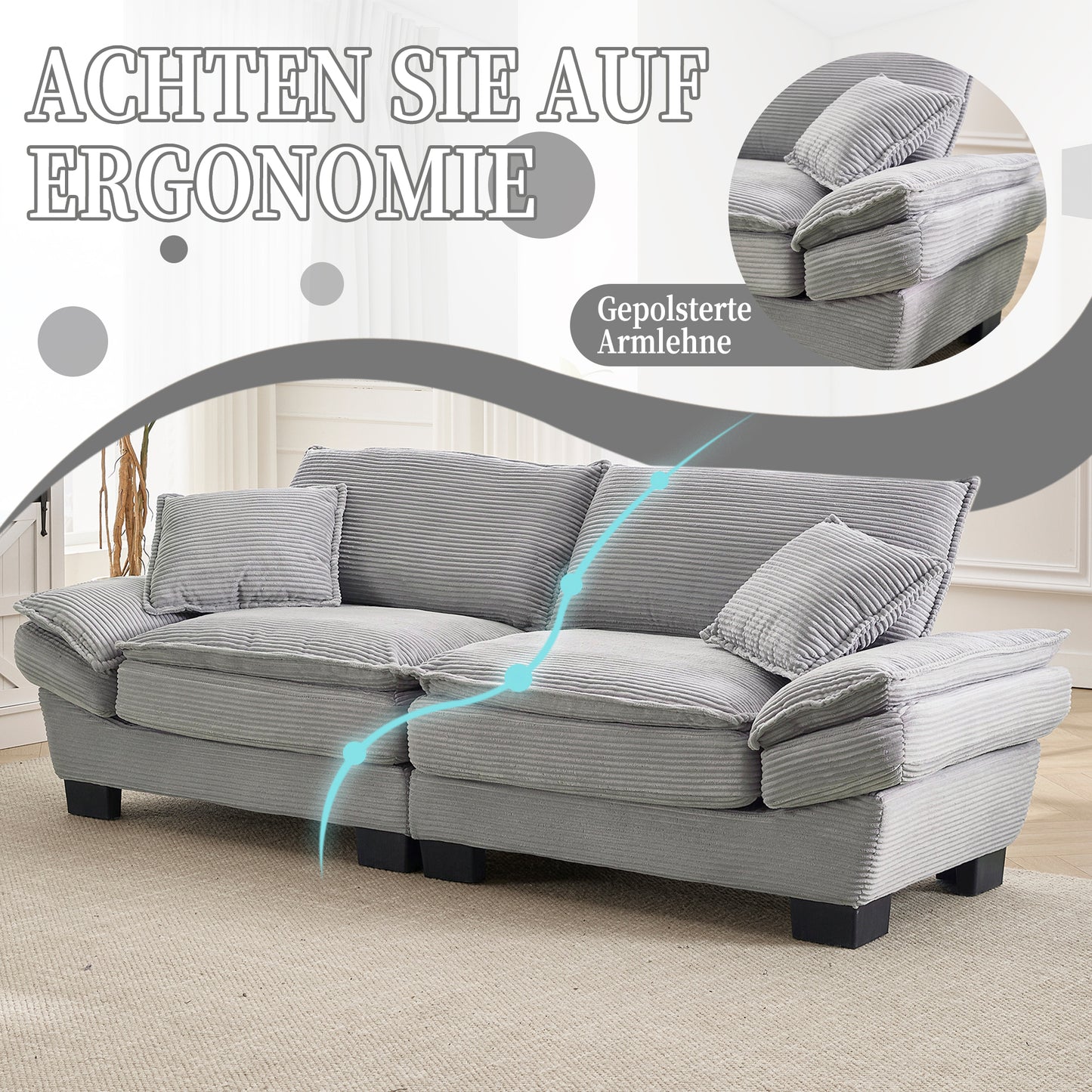 A Modern, Simple Double Sofa With A Feather Bed, Which Reaches A Pillow, Is Cosy, But Spacious And Spacious In The Living Room Bedroom Office, Light Grey