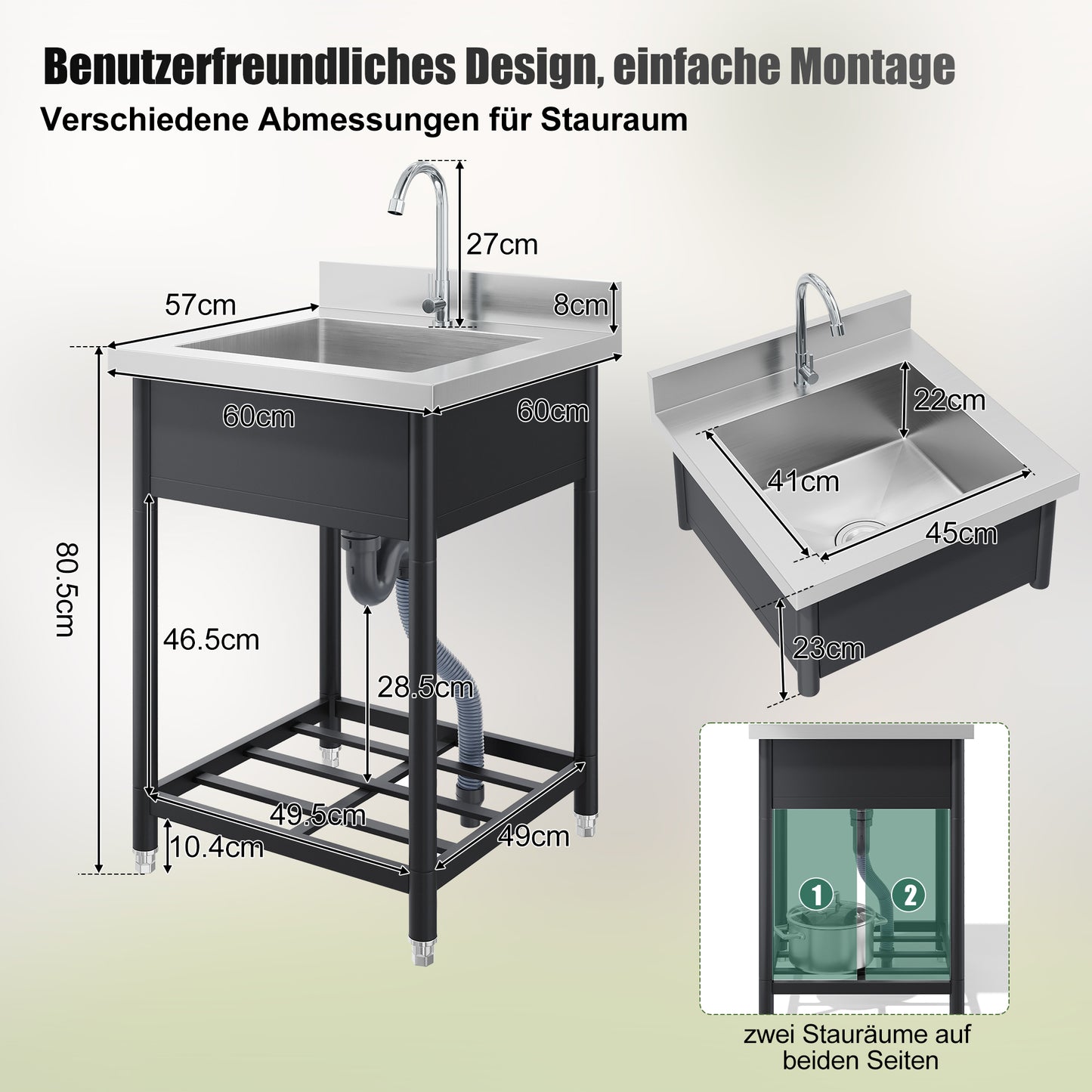 Freistehing Stainless Steel Sink For The Outdoors, 60x60cm, With Faucet And Drain, Including Storage, Generous One-piece Design, Suitable For Kitchen, Garden, Workshop And Commercial Purposes.