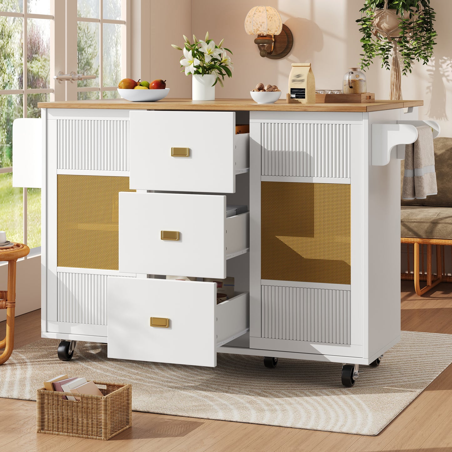 Kitchen Island, Kitchen Furniture, Kitchen Cabinet Kitchen Island Freestanding, Buffet Cabinet, 120x73 X90cm, Extendable Kitchen Trolley With Wheels, Towel Rail, Spice Rack, Adjustable Shelves, Whi