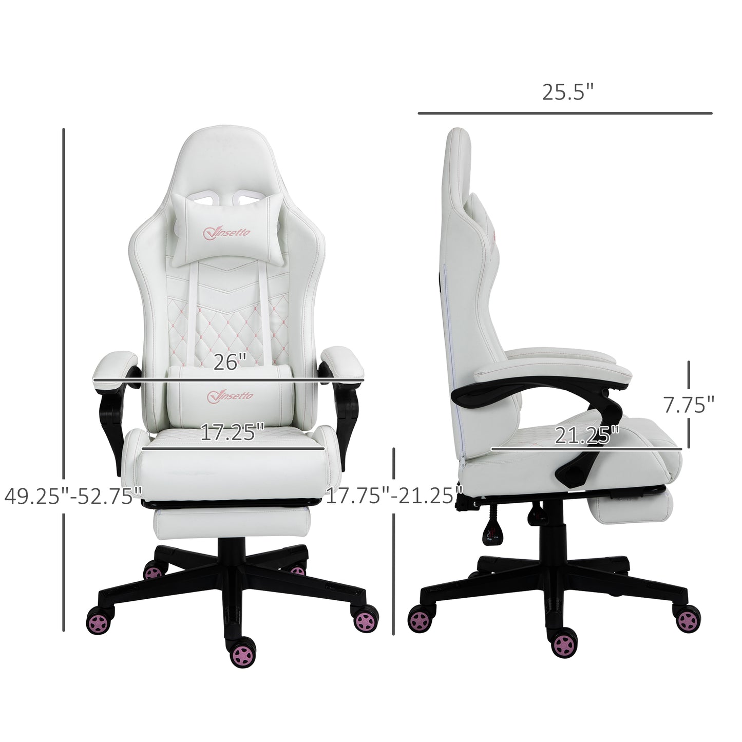 High Back PU Leather Gaming Chair, Racing Computer Chair with Swivel Wheels, Retractable Footrest, Headrest, Lumbar Support, and Armrest, White and Pink