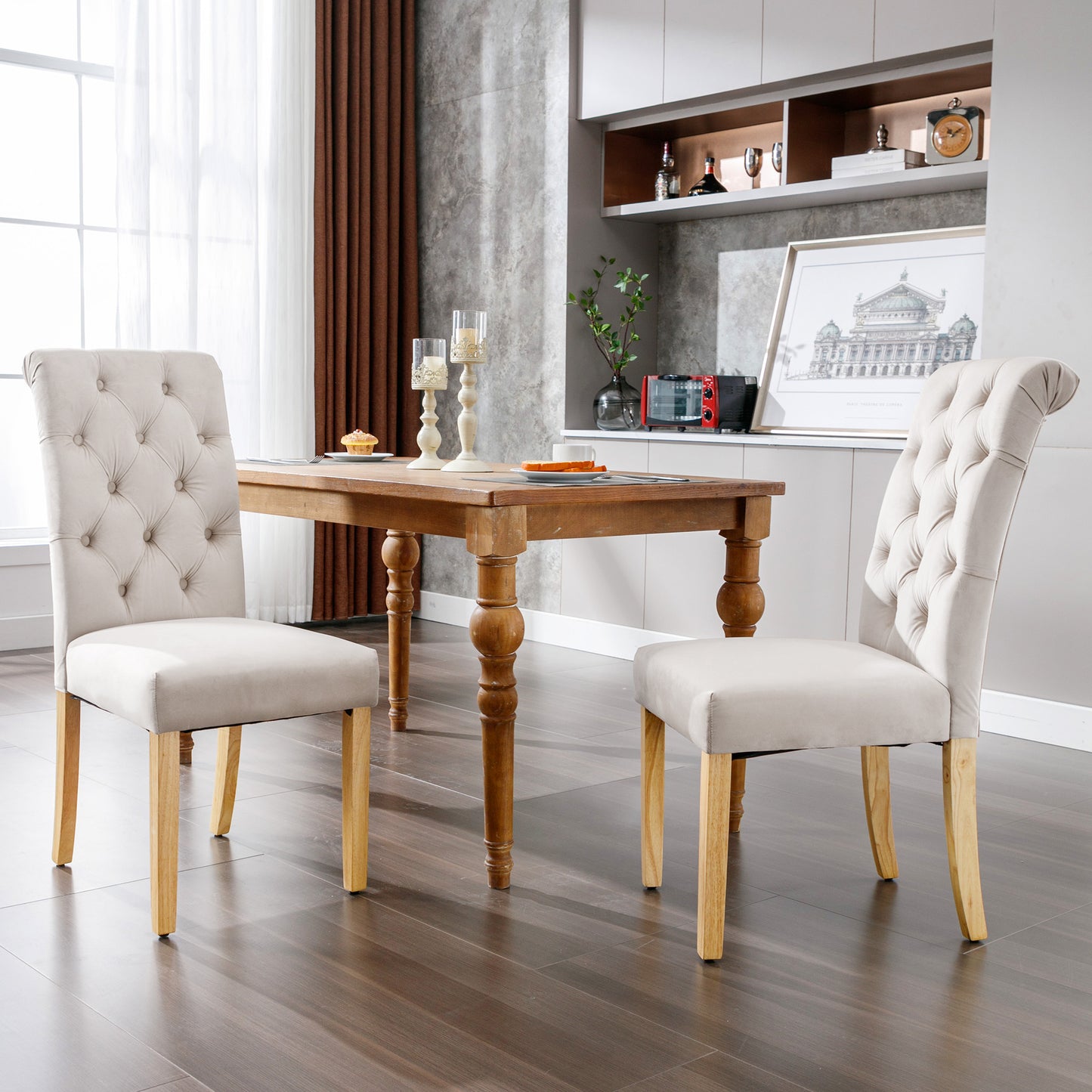 Velvet Dining Chairs Set Of 6 With Oak Legs, Knob, Chrome Knocker Bedroom Chair Kitchen Chair Living Room Lounge Leisure Chair, Beige