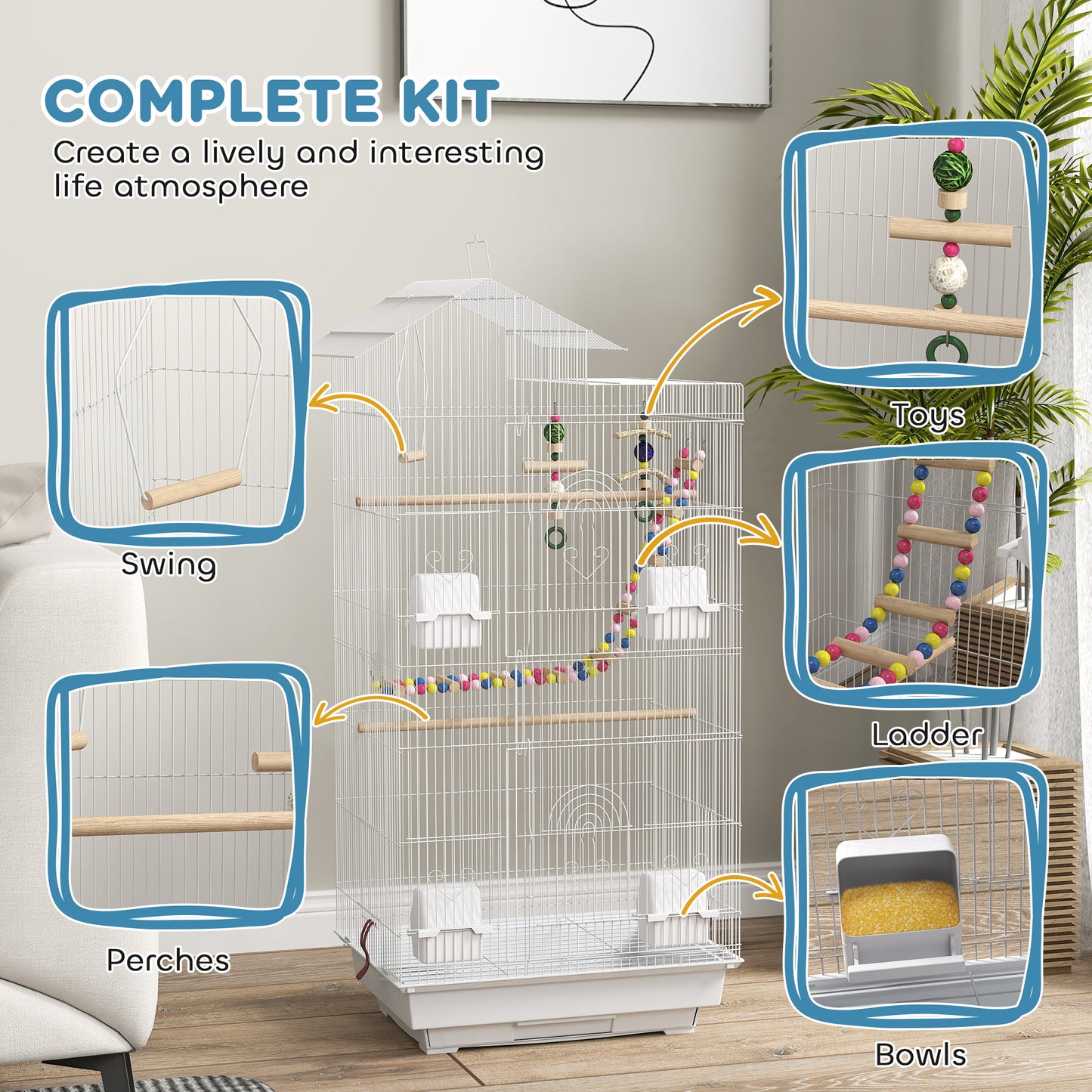 PawHut Bird Cage For Budgies, Finches, Canaries W Accessories, Toys, Tray, White