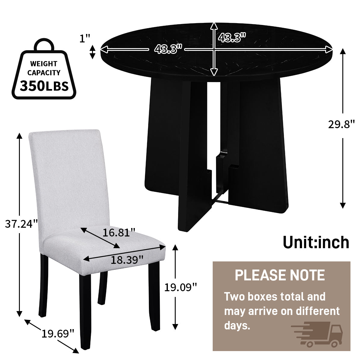 5-Piece Round Dining Table Set, 43-Inch Modern Dining Table And 4 Upholstered Chairs For Dining Room, Kitchen Room, Living Room, Easy Assembly