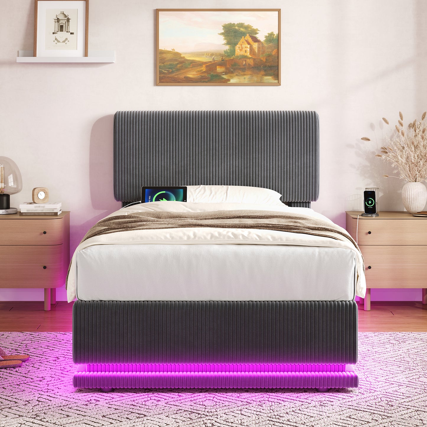 Modern Upholstered Beds With LED Lighting And USB-C Charging Function, Height-adjustable Headboard, Corduroy Fabric, Sturdy Slatted Frame, Large Underblanket Storage Space And Comfortable Upholstered