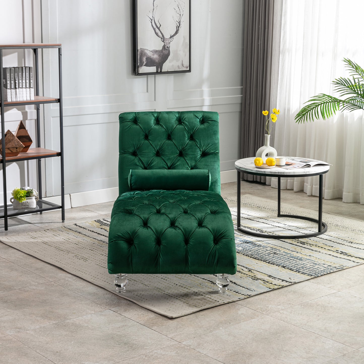 Velvet Chaise Lounge Indoor,Button-Tufted Upholstered Chaise Lounge Chair With Pillow For Bedroom Living Room Office  Emerald Velvet