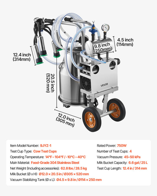 Electric Cow Milking Machine, 6.6 Gal / 25 L 304 Stainless Steel Bucket, Food-Grade Teat Cups And Silicone Hose, Strong Suction, Vacuum Pulsation, Electric Milker Machine With Wheels For Cow
