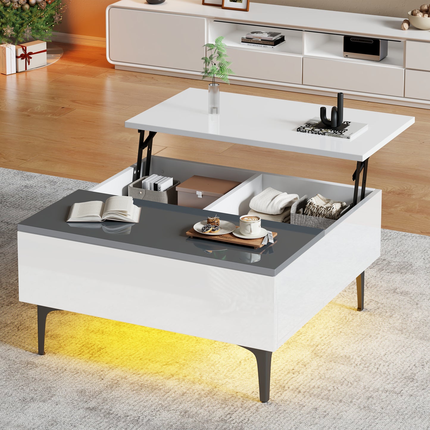 70x70x35cm Coffee Table, Height Adjustable Coffee Table With Hidden Storage And Shelves, White High Gloss Living Room Table, Desk With LED, Sofa Table With Drawers