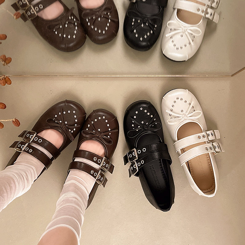 French Retro Rivet Mary Jane Shoes For Women, 2026 New Spring & Autumn Single Strap Ballet Flats, Soft Sole Ladies Dress Shoes