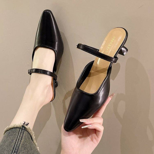 New Korean Style Buckle Slides For Women, Pointed Toe Beige Elegant High Heels, Slip-On Fashion Outdoor Mules