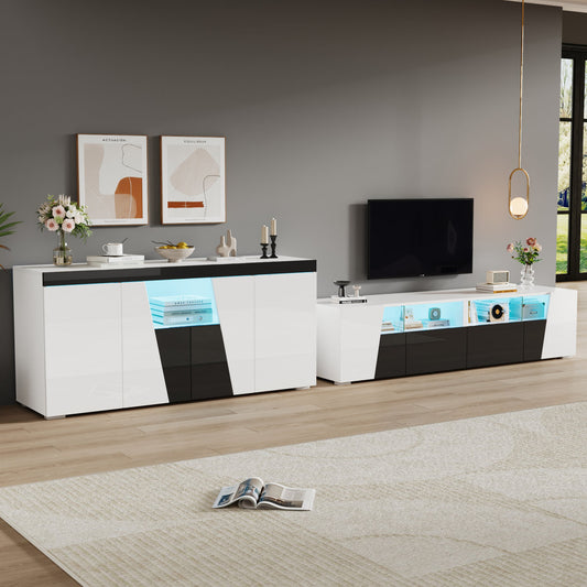 Combination Of TV Cabinet And Sideboard, 180x38.5x45cm High-gloss TV Stand, TV Cabinet With LED Lighting, Low Cabinet, 140 X 40 X 65 Cm, Living Room Sideboard, Black And White.