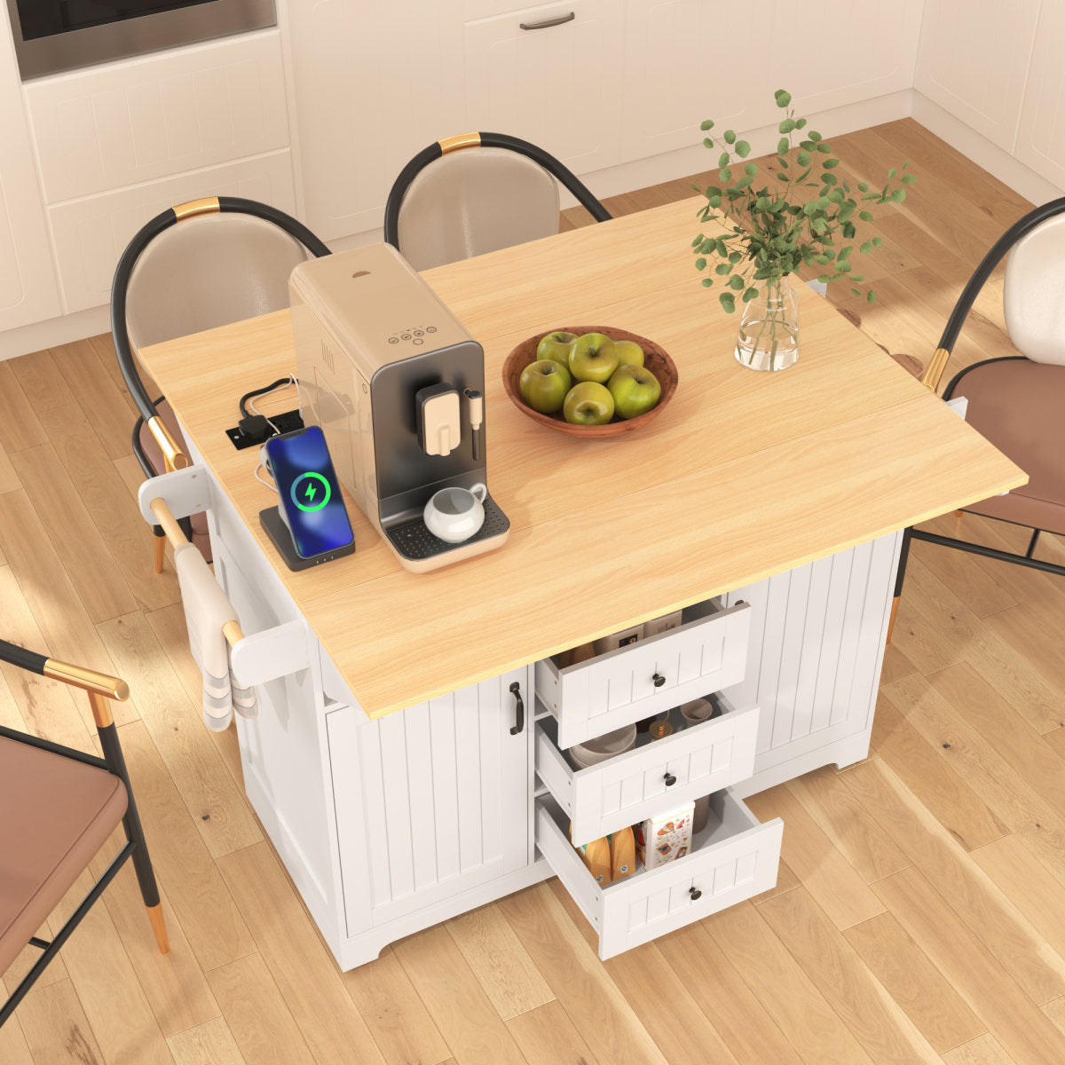 K&K 55.7  Large Kitchen Island With 2 Drop Leaf,, Rolling Kitchen Cart On 5 Wheels With Power Outlet, Folding Storage Dining Table With Spice & Towel Rack , 3 Drawers, For Kitchen, Dining Room,White