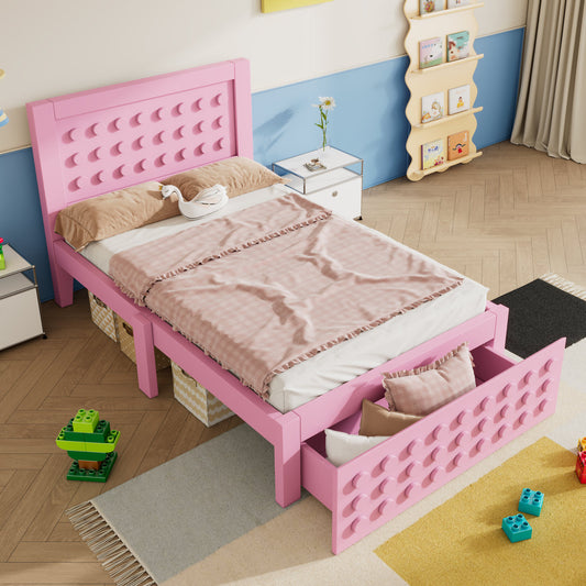 Wooden Bed Single Bed 90x200 Cm, Children's Bed Youth Bed With Creative Block Design, Solid Wood Bed Frame With Slatted Frame, With Drawers & Under Bed Storage Space, Pink, Without Mattress