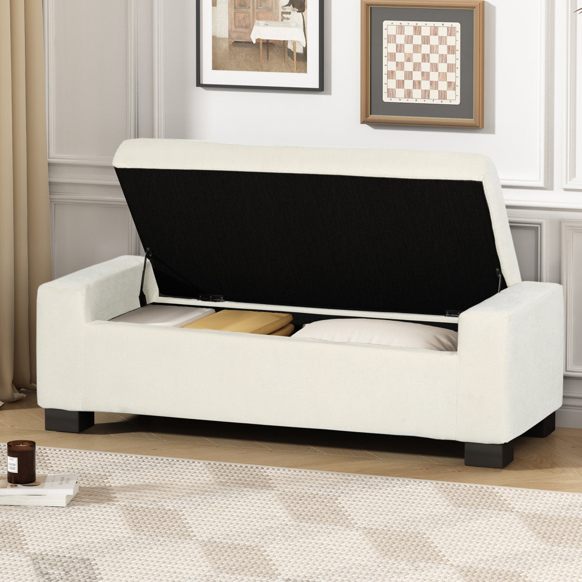 50" Ottoman Bench in Textured Fabric, Rectangular Design with Hinged Lid for Seating, Footrest, and Hidden Storage, Perfect for Living Room, Bedroom, or Entryway