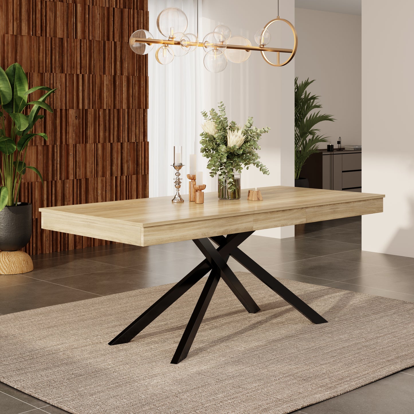 Extendable Dining Table, 140 180x80 Cm, Suitable For 6-8 People, Right Shape, Thickened Table Top, Metal Legs, Simple Style, Table For Dining Room, Kitchen, Living Room, Oak Color