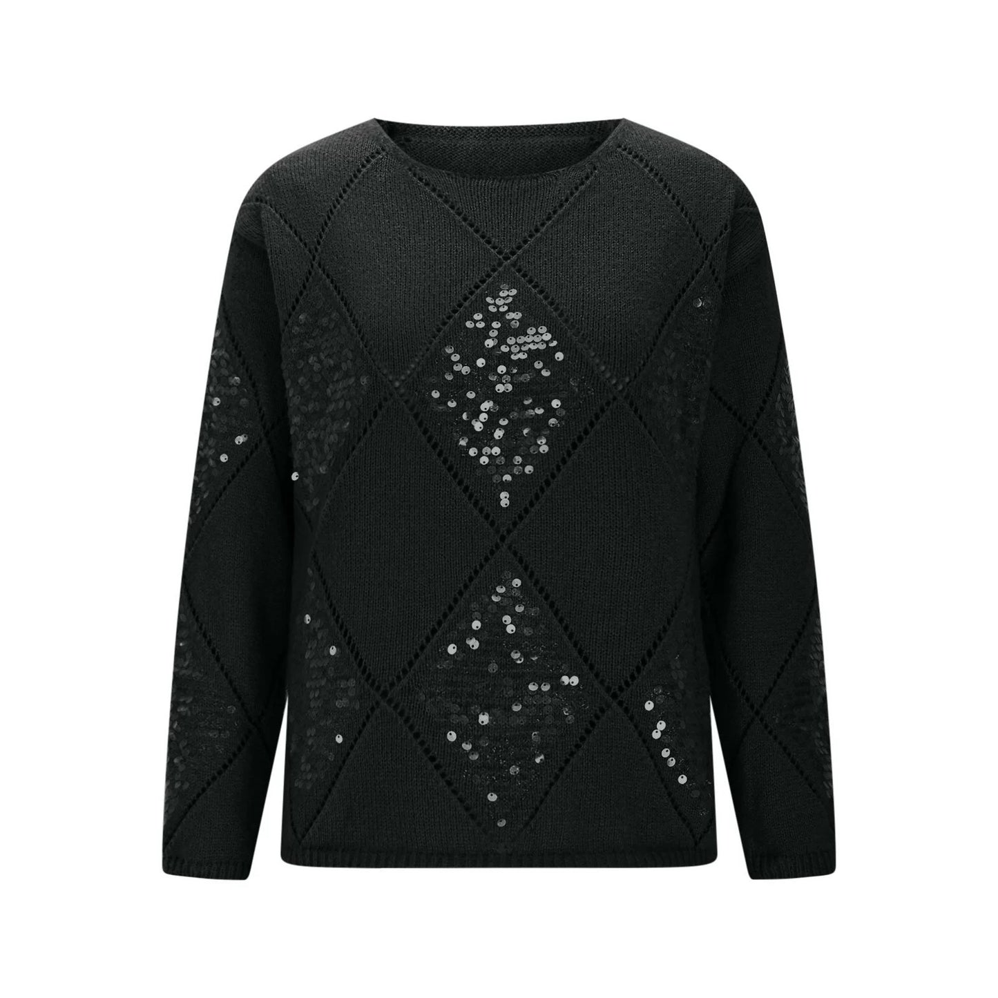 Hollow Sequin Knitted Sweater For Women's Autumn And Winter New Item, European And American Cross-border Diamond Grid Pullover Loose Sweater