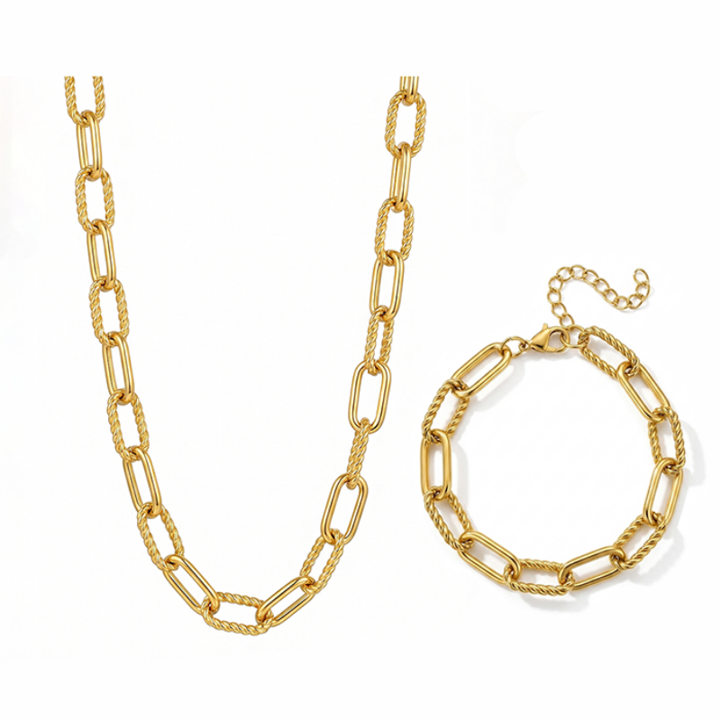 2Pcs Chunky Paperclip Chain Jewelry Set For Women, 18K Gold Plated Stainless Steel Thick Twist Rope Link Necklace Bracelet Combo, Statement Gift Set