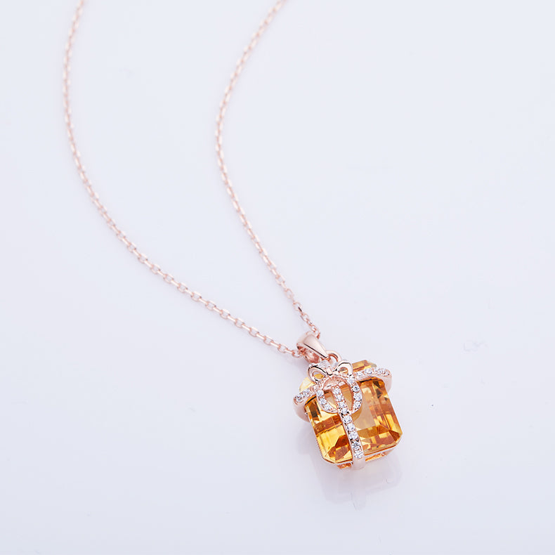 S925 Sterling Silver Gift Box Necklace, 12x10mm Natural Citrine Pendant, Platinum Plated Bowknot Design, 4g Women's Fine Jewelry With Gift Box