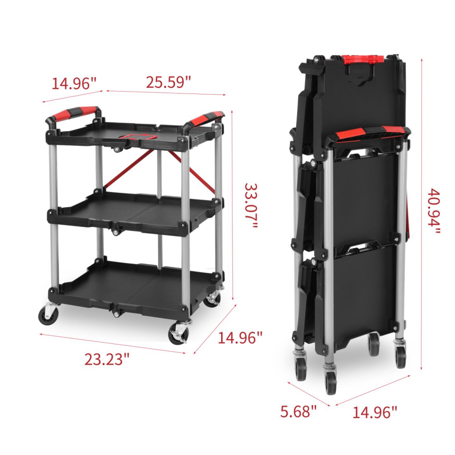 Foldable Utility Service Cart, 3 Shelf Heavy Duty Plastic Rolling Cart With Swivel Wheels 2 With Brakes, Ergonomic Handle, Portable Garage Tool Cart For Warehouse Office Home