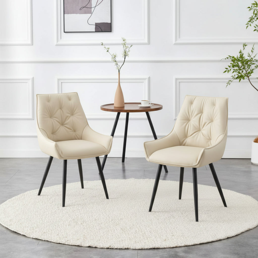Dining Chairs Set Of 2, Off White Faux Leather Dining Room Chair, Metal Kitchen Chairs With Gold Mesh Texture And Black Sanded Legs, Flat Back Upholstered Chair  Off White, Set Of 2