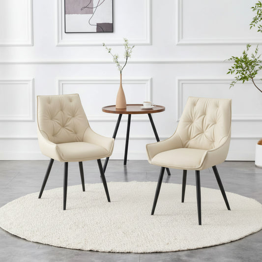 Dining Chairs Set Of 2, Off White Faux Leather Dining Room Chair, Metal Kitchen Chairs With Gold Mesh Texture And Black Sanded Legs, Flat Back Upholstered Chair  Off White, Set Of 2