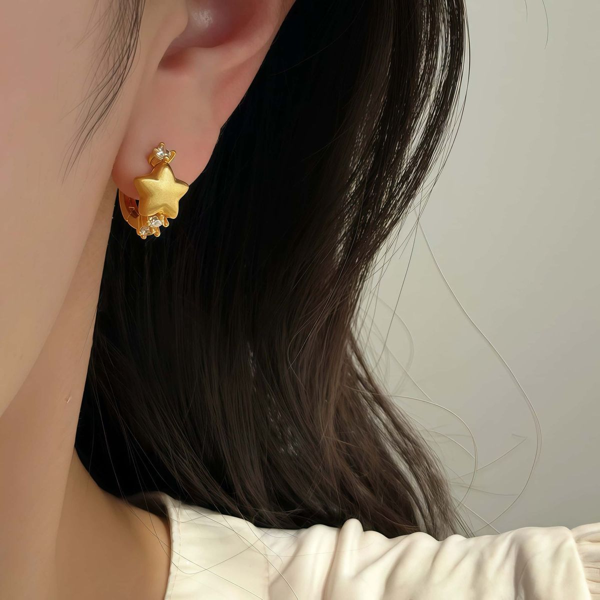 French Gold Brushed Star Huggie Earrings, Minimal Exquisite Niche Unique Designer Hoops, High-End Elegant Fashion Ear Jewelry For Women