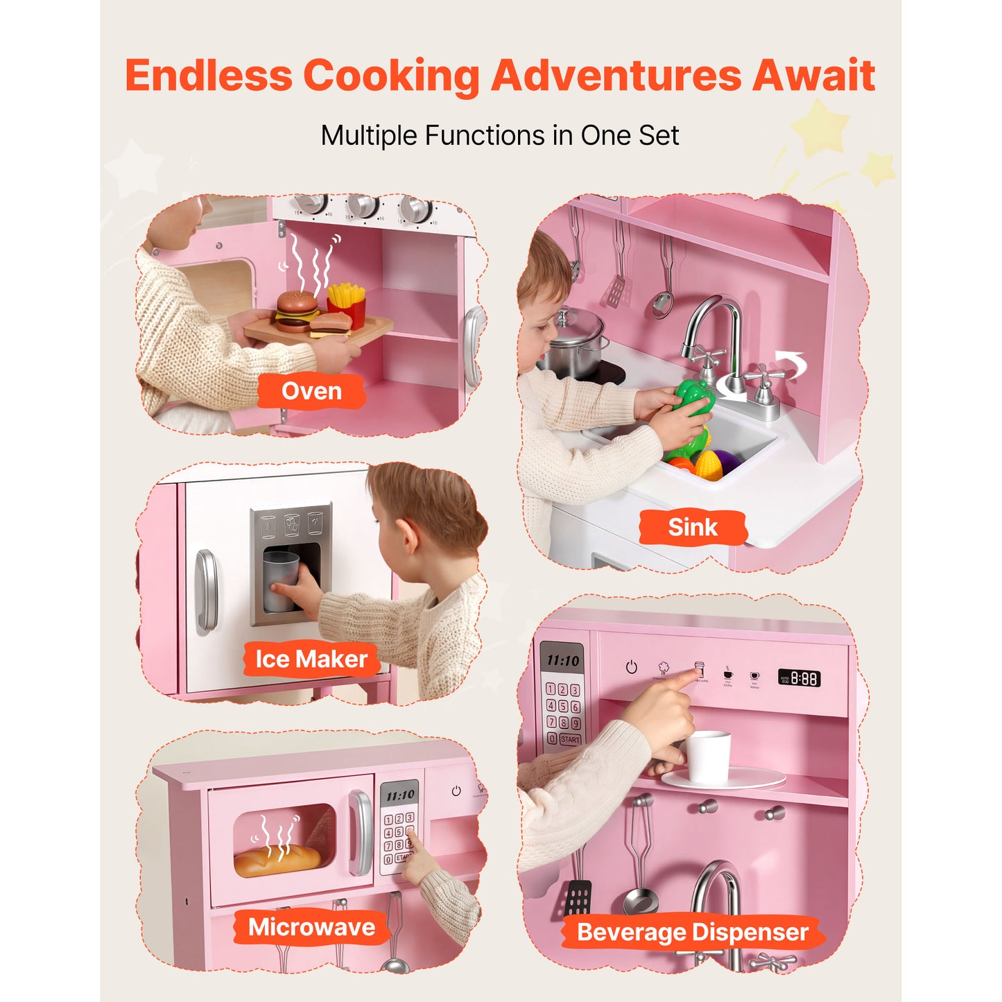 Play Kitchen For Kids, Wooden, Kids Kitchen P Layset With Real Lights & Sounds, Food & Cookware, Pretend P Lay Toy Set, Microwave, Oven, Clicking Knobs, For Toddlers, Girls & Boys Ages 3-8, P Ink