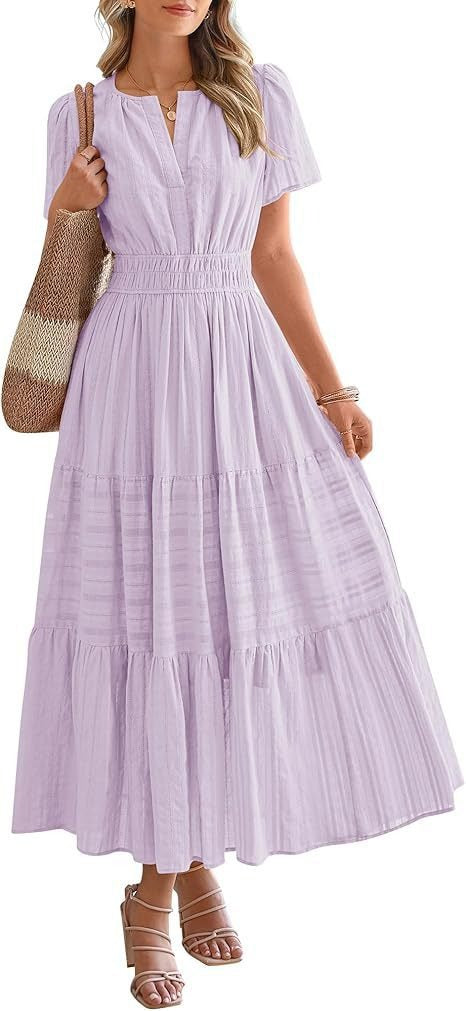 Spring Summer New Arrival Women's Dress, Fashion V-Neck Ruched Puff Sleeve Tiered Swing Dress