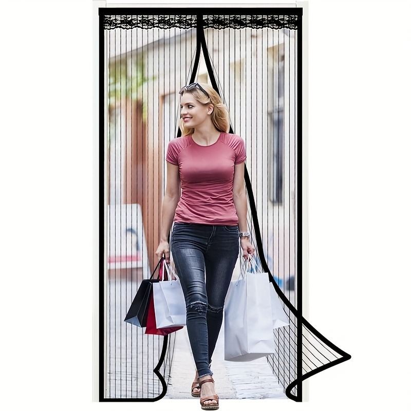 1 Black Magnetic Screen Door Curtain - Pet-friendly, No-drill Installation, Durable Fine Mesh With Strong Magnets, Breathable And Tear-resistant, Includes Push Pins And Double-sided Tape, Magnetic Doo