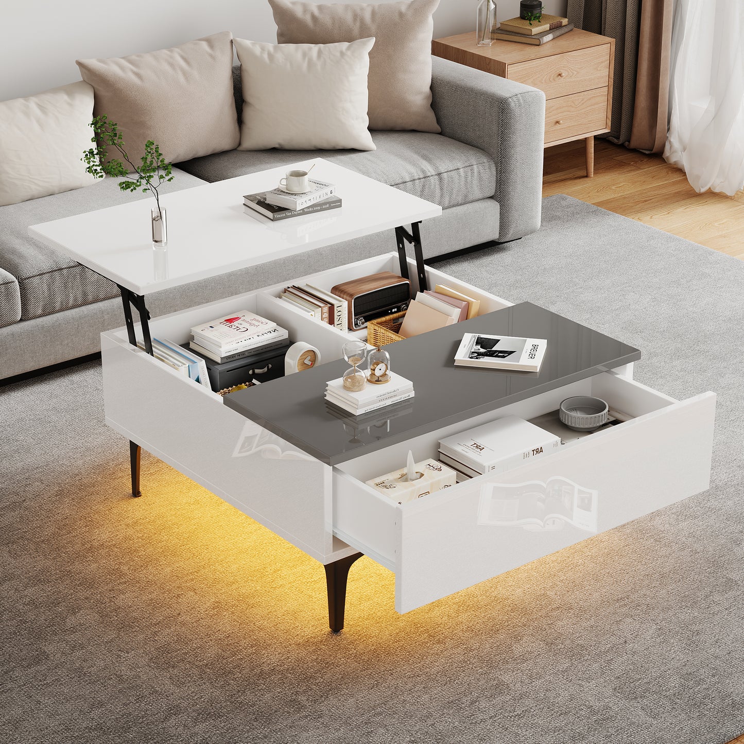 70x70x35cm Coffee Table, Height Adjustable Coffee Table With Hidden Storage And Shelves, White High Gloss Living Room Table, Desk With LED, Sofa Table With Drawers