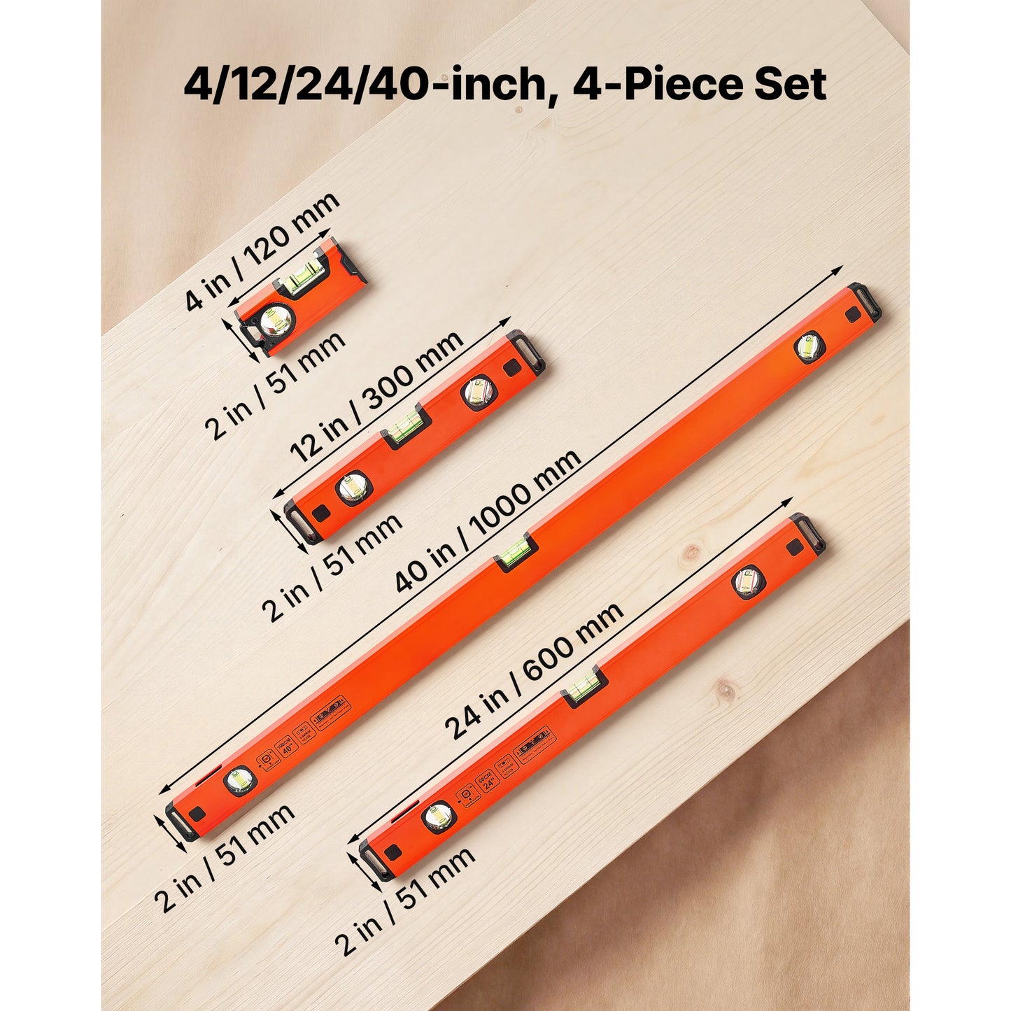 Torpedo Level, 4-Piece Included 4  12  24  40 In, Magnetic Leveler Tool Set Aluminum Alloy, With Clear 3 Green Vials, Hanging Hole, Box Beam Multi-angle Measurement For Construction Home Renovation