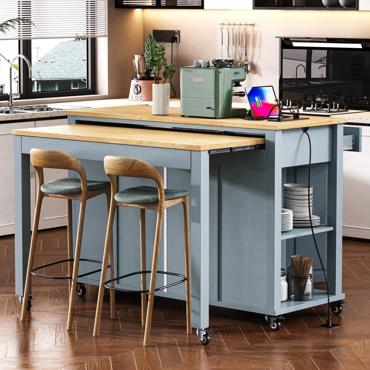 K&K 47 Inch Kitchen Island With Extendable Dining Table, Rubber Wood Veneer Kitchen Table With Internal Storage Rack, Power Outlet, Kitchen Island With Storage 2 Drawers 2 Cabinet,Grey Blue